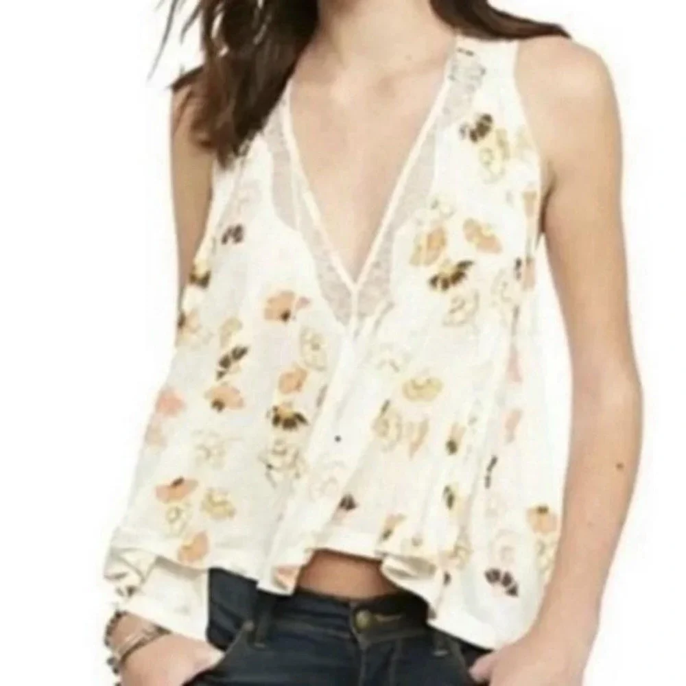 Free People Tank Top Womens Medium White Floral V Neck Lace Tunic Boho Hi Low